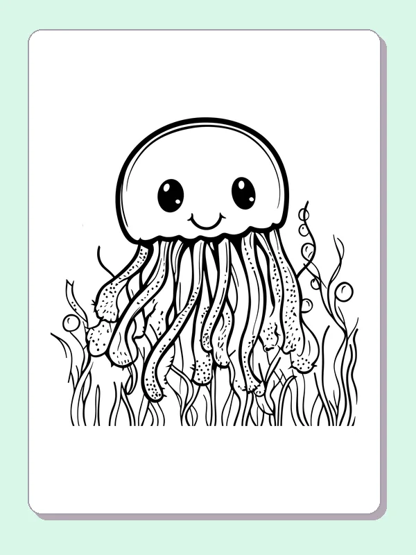Black and white printable drawing of large smiling jellyfish with dotted tentacles among seaweed