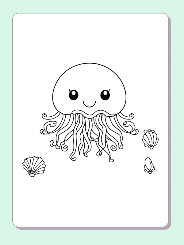 Black and white printable drawing of small smiling jellyfish floating beside two seashells