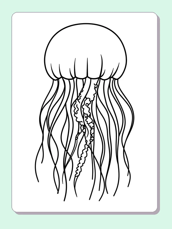 Black and white printable drawing of face-free jellyfish with long narrow tentacles beneath a smooth bell