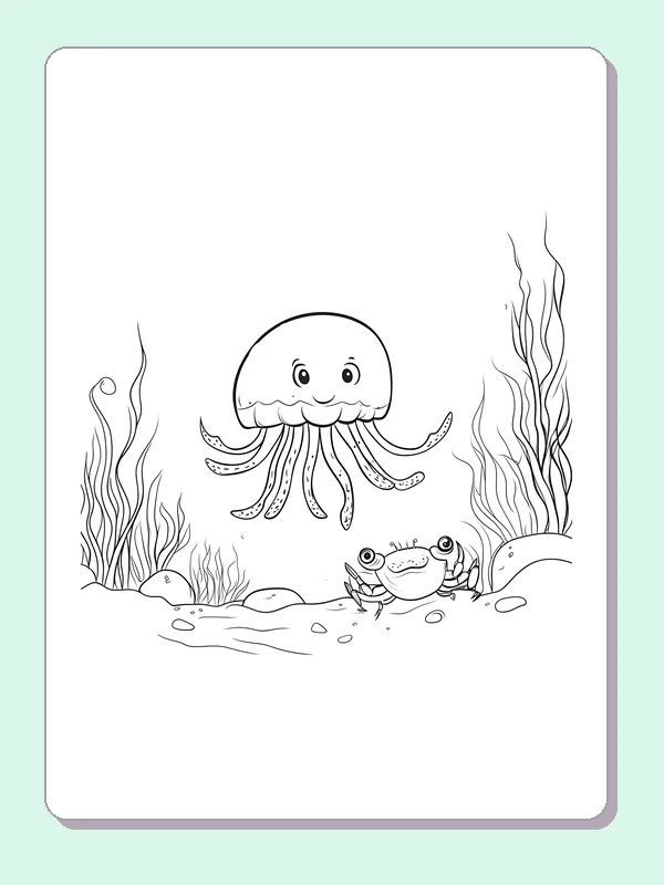 Black and white printable drawing of small jellyfish floating above a crab and seabed plants