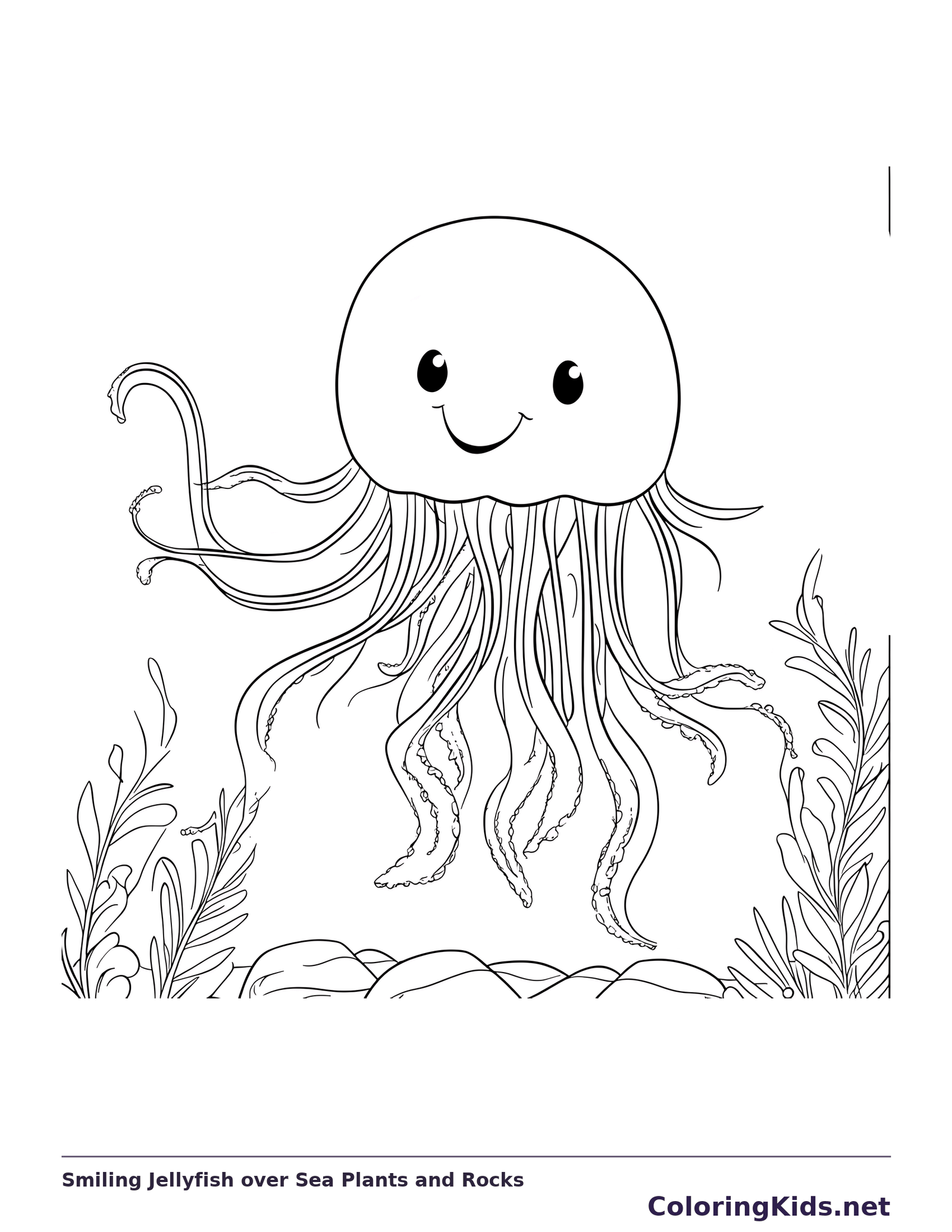 Black and white printable drawing of smiling jellyfish above rocks and sea plants