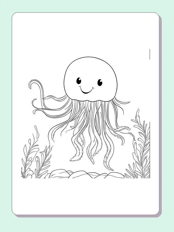 Black and white printable drawing of smiling jellyfish above rocks and sea plants