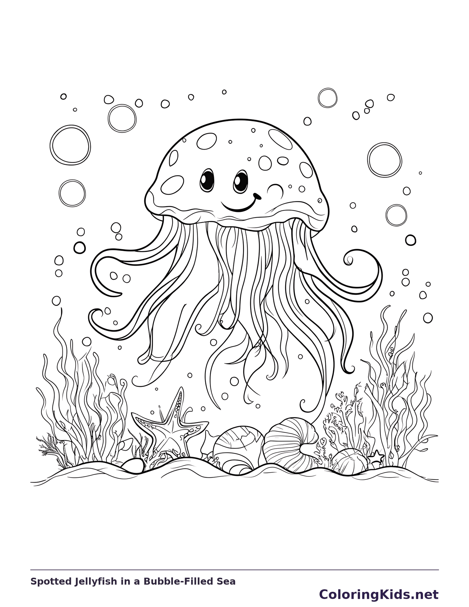 Black and white printable drawing of spotted smiling jellyfish among bubbles, shells and starfish