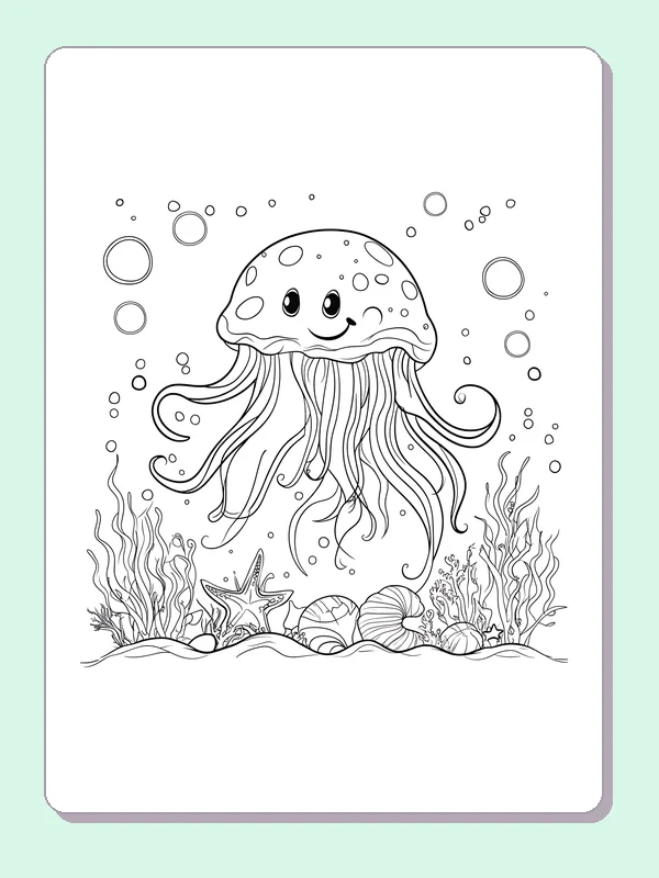 Black and white printable drawing of spotted smiling jellyfish among bubbles, shells and starfish
