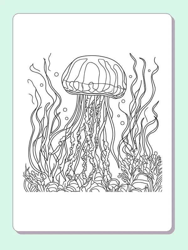 Black and white printable drawing of striped jellyfish with long streamers between tall seaweed