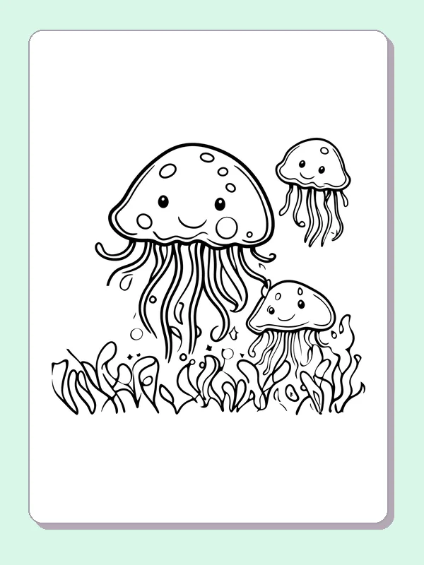 Black and white printable drawing of three smiling spotted jellyfish above curling underwater plants