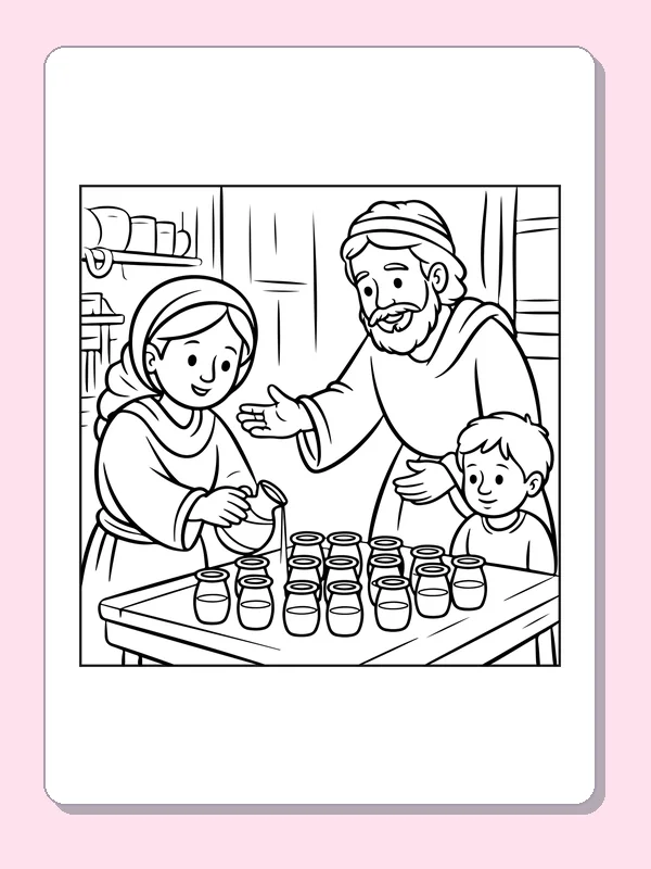 Black and white Jesus coloring page beside a table lined with jars at a wedding gathering