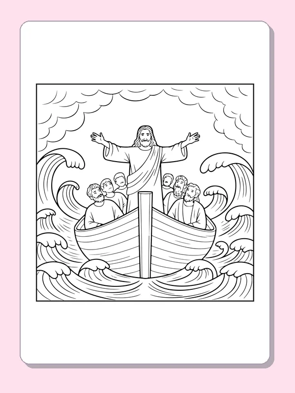 Black and white Jesus coloring page with a crowded boat between curling waves