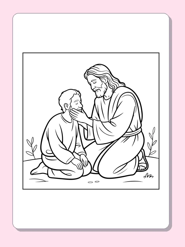 Black and white Jesus coloring page bending toward a seated man on a quiet path