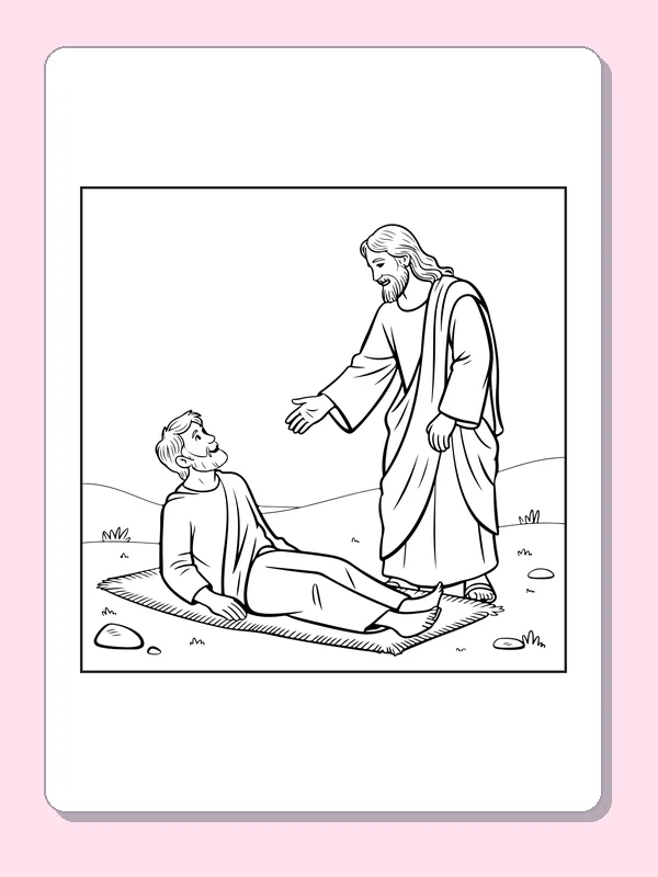 Black and white Jesus coloring page reaching toward a seated man in a sparse landscape