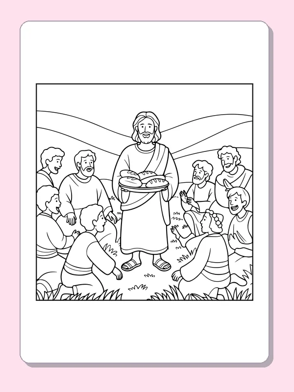 Black and white Jesus coloring page with bread and a seated crowd on a hillside