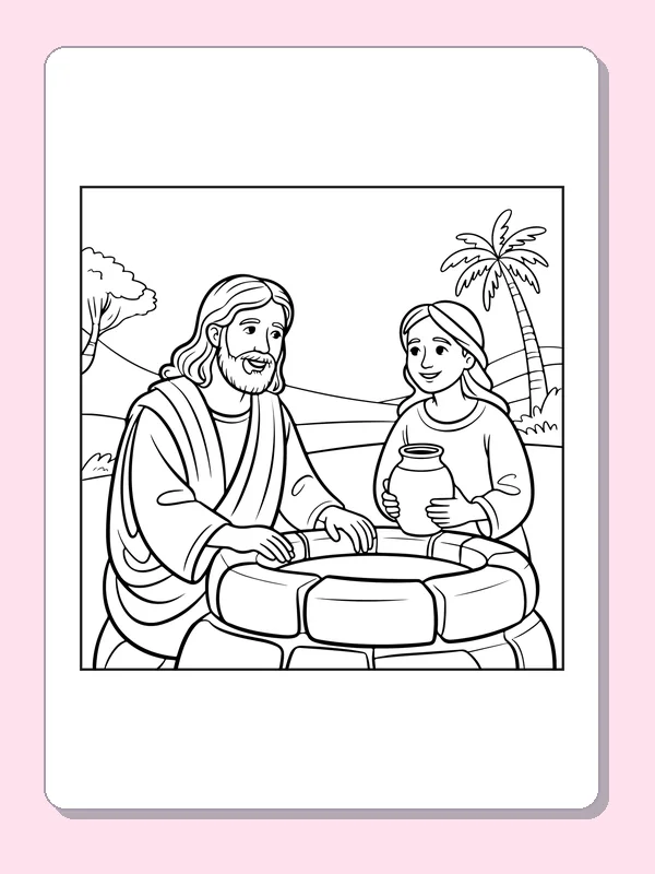 Black and white Jesus coloring page talking with a woman beside a round stone well