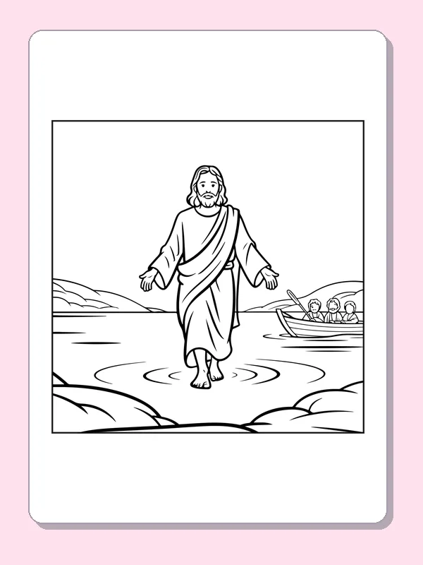 Black and white Jesus coloring page walking across water with a small boat in the distance