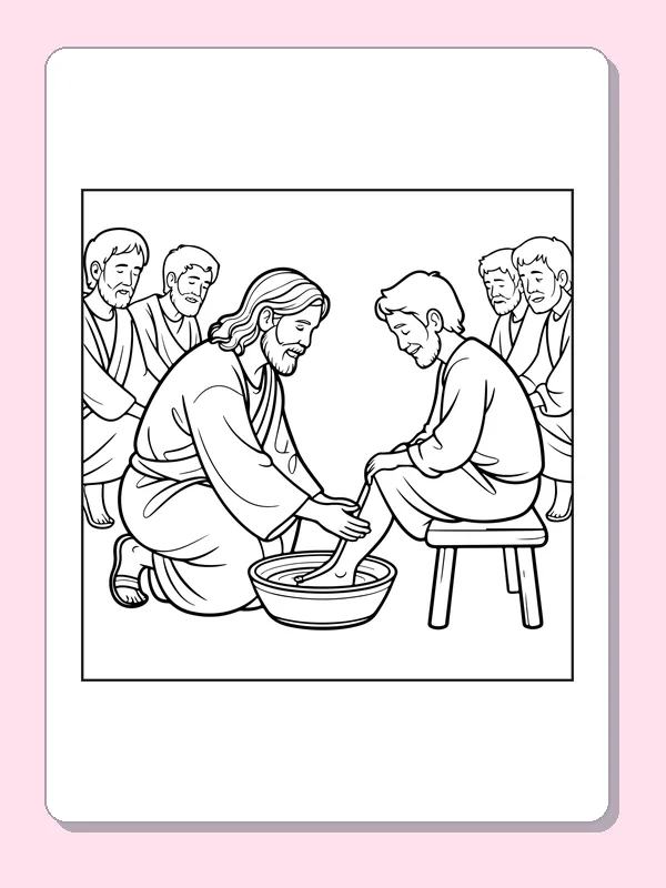 Black and white Jesus coloring page kneeling beside a basin to wash a friend's feet