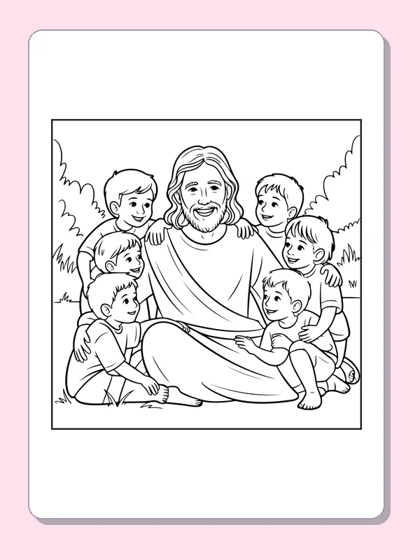 Black and white Jesus coloring page surrounded by children beneath a leafy border