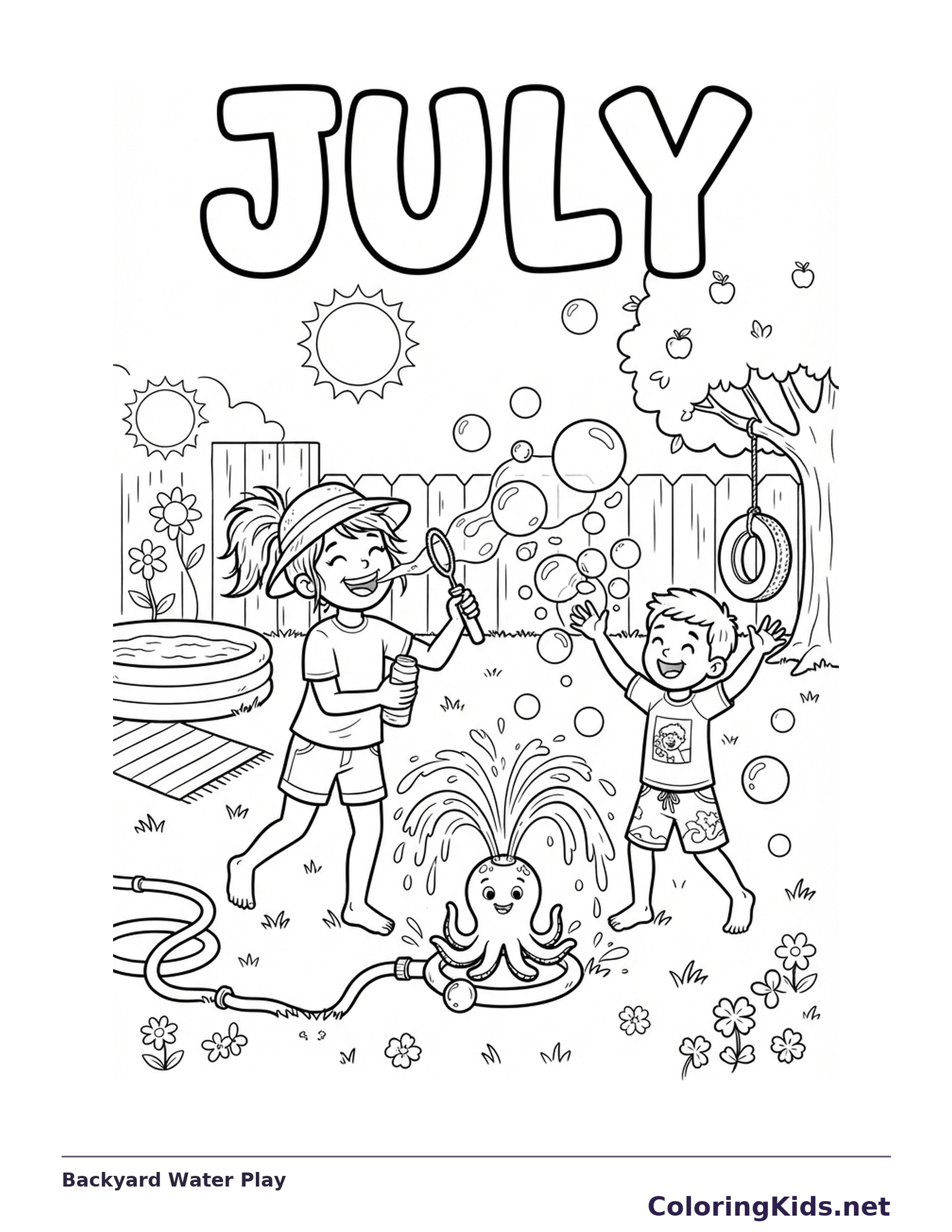 Two children with bubbles beside a smiling octopus sprinkler, tree, pool and fence