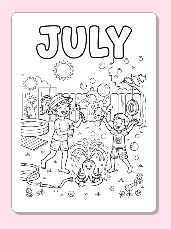 Two children with bubbles beside a smiling octopus sprinkler, tree, pool and fence