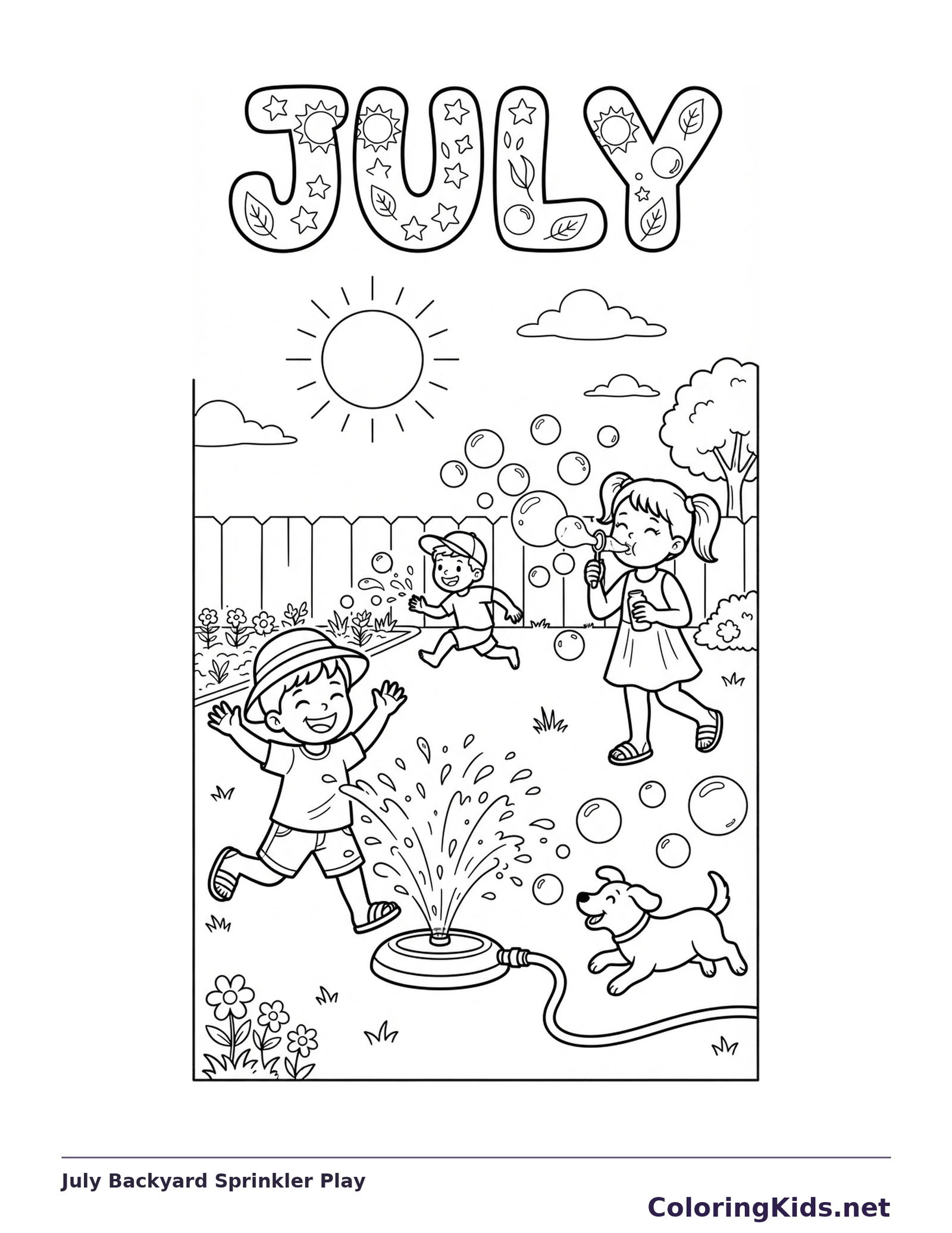 Three children and a dog playing around a ground sprinkler under decorated July lettering