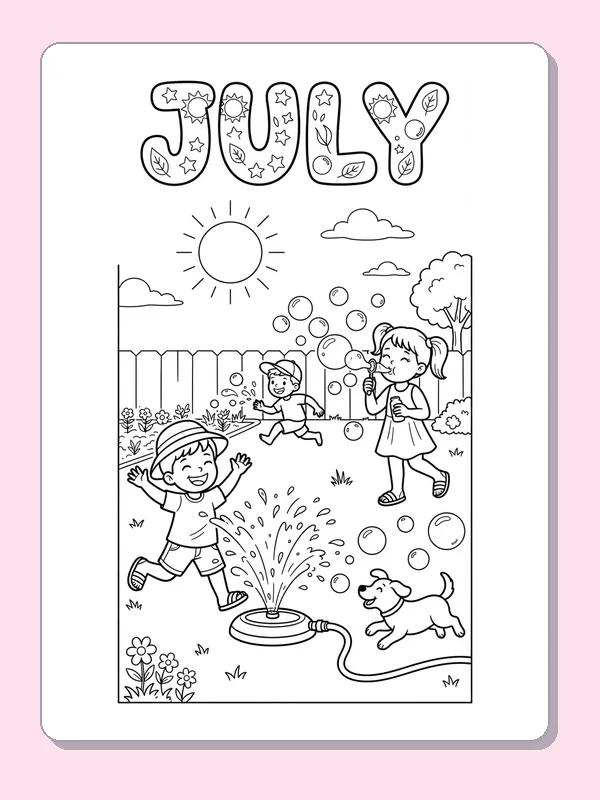Three children and a dog playing around a ground sprinkler under decorated July lettering