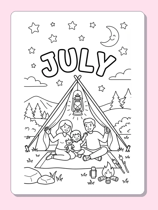 Family of three inside a tent beneath July lettering, stars, moon and hanging lantern