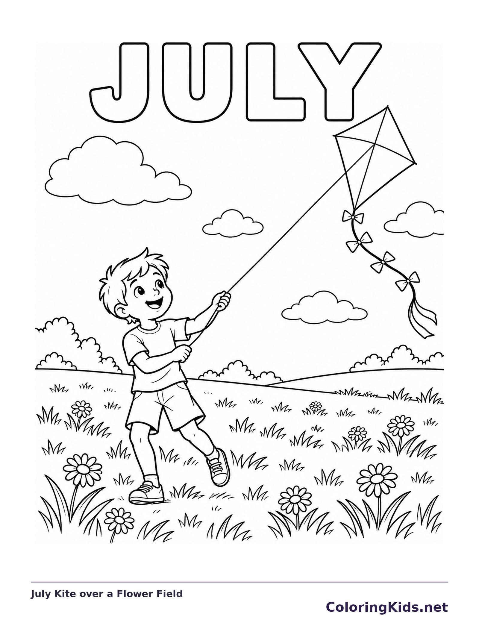 Child flying a diamond kite across a July flower field beneath outlined JULY letters