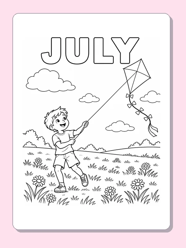 Child flying a diamond kite across a July flower field beneath outlined JULY letters