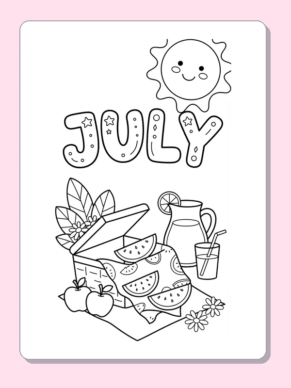Open picnic basket with watermelon, apples, drinks and July letters beneath a smiling sun