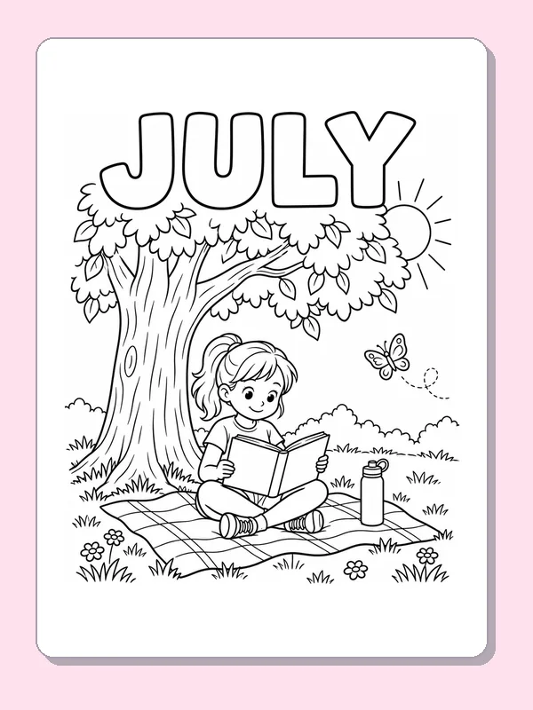 Child reading a book on a blanket under a leafy July tree with butterfly and flowers