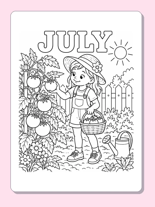 Child harvesting tomatoes in a July garden with basket, watering can, fence and sun