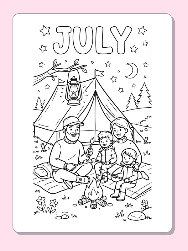 Family of four roasting marshmallows beside a tent, campfire, lantern and starry July sky