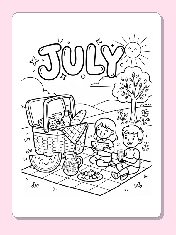 Two children picnicking under July lettering beside a basket, watermelon, drinks and tree