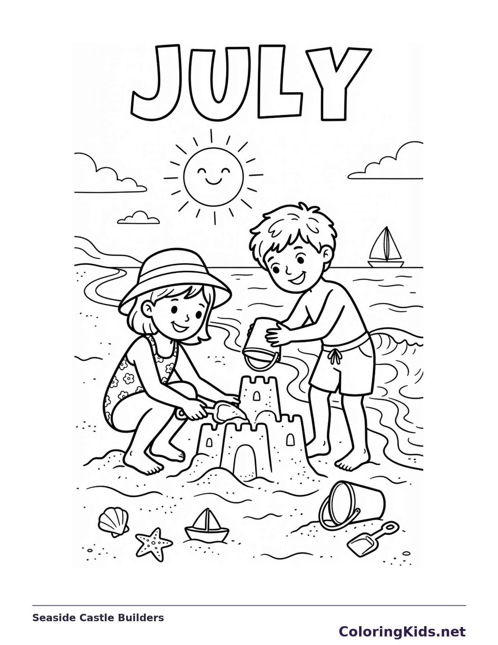 Two children building a tall sandcastle near a sailboat, shells and the sea