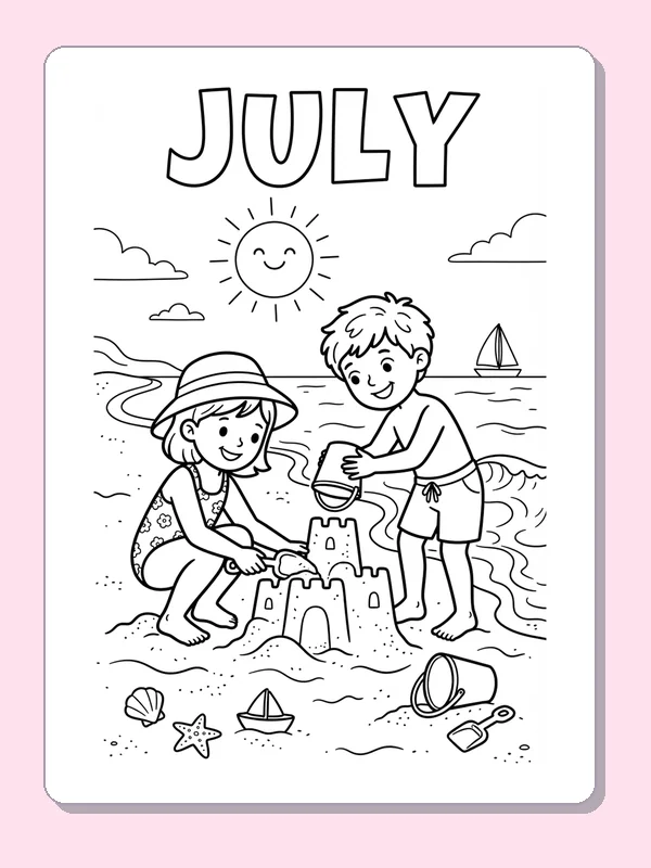 Two children building a tall sandcastle near a sailboat, shells and the sea