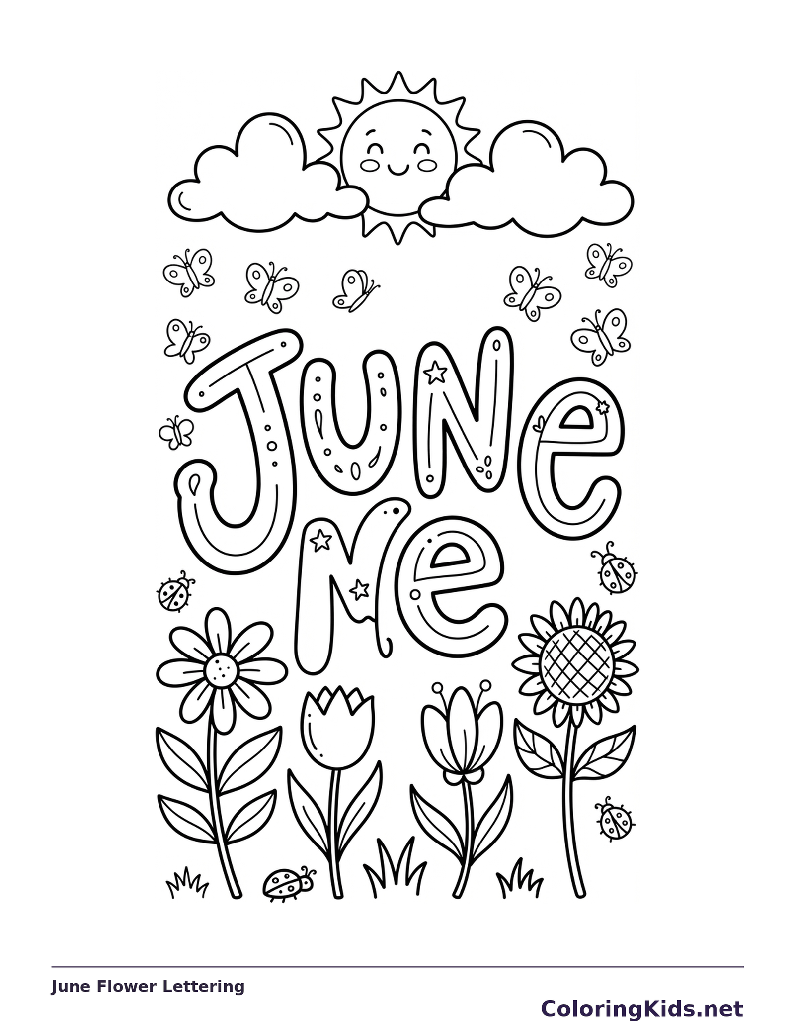 Bubble June letters surrounded by flowers and butterflies beneath a smiling sun peeking through clouds.