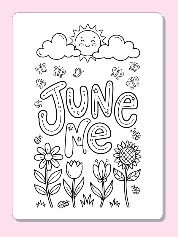 Bubble June letters surrounded by flowers and butterflies beneath a smiling sun peeking through clouds.