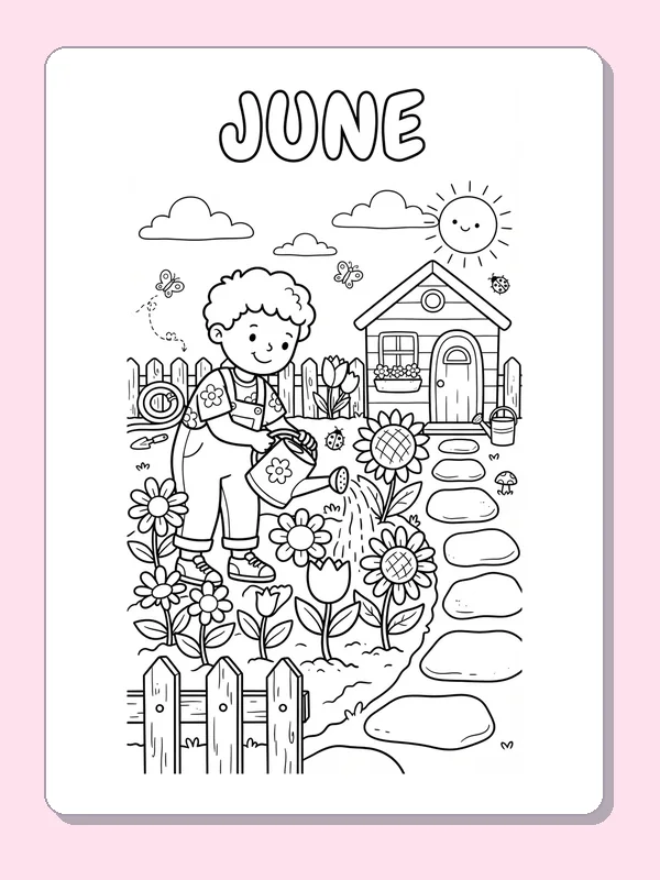 A child watering flower beds along a stepping-stone path leading toward a house.