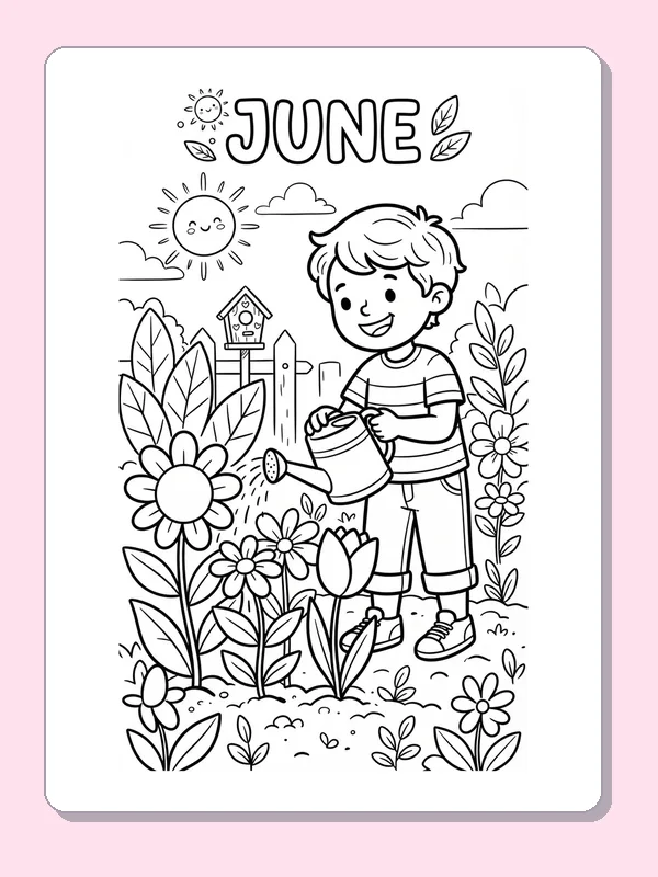 Child watering tall garden flowers near a fence and house beneath JUNE lettering.