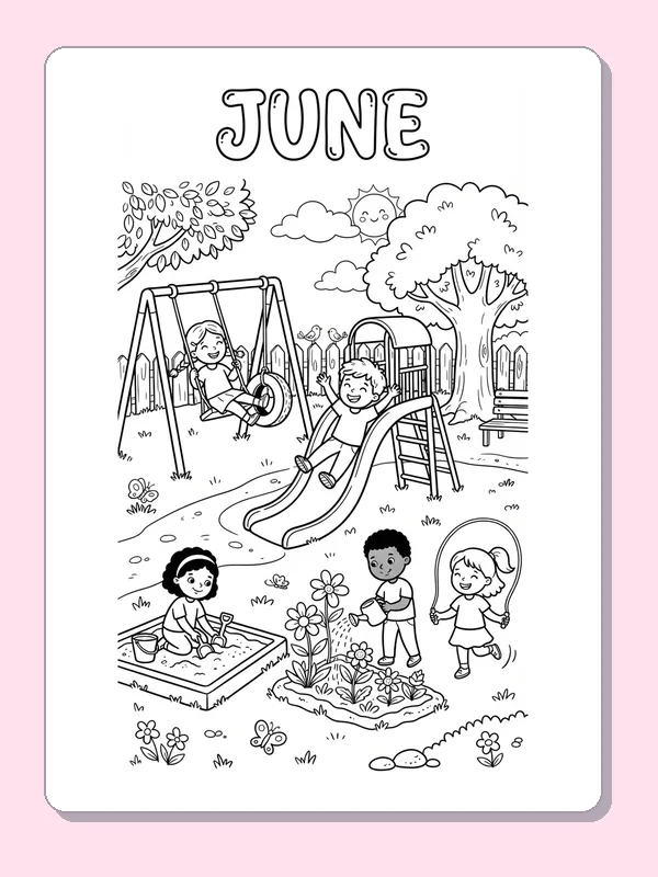 Children on playground swings, slide and sandpit beneath the word June.