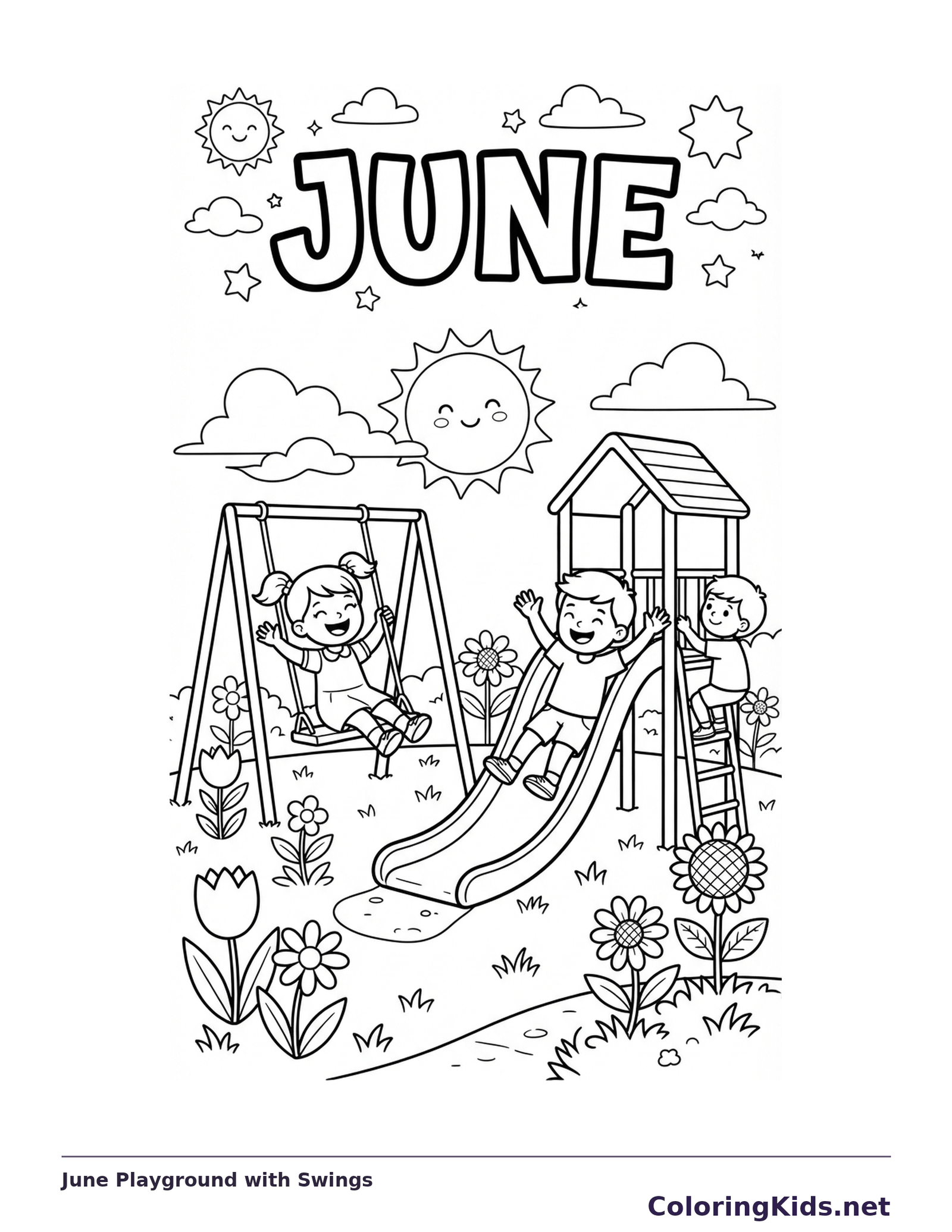 Children playing on swings and a slide beneath JUNE lettering beside a tree and puppy.