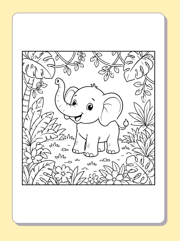 Black-and-white printable baby elephant in a tropical clearing coloring sheet