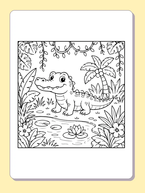 Black-and-white printable crocodile beside a jungle pool coloring sheet
