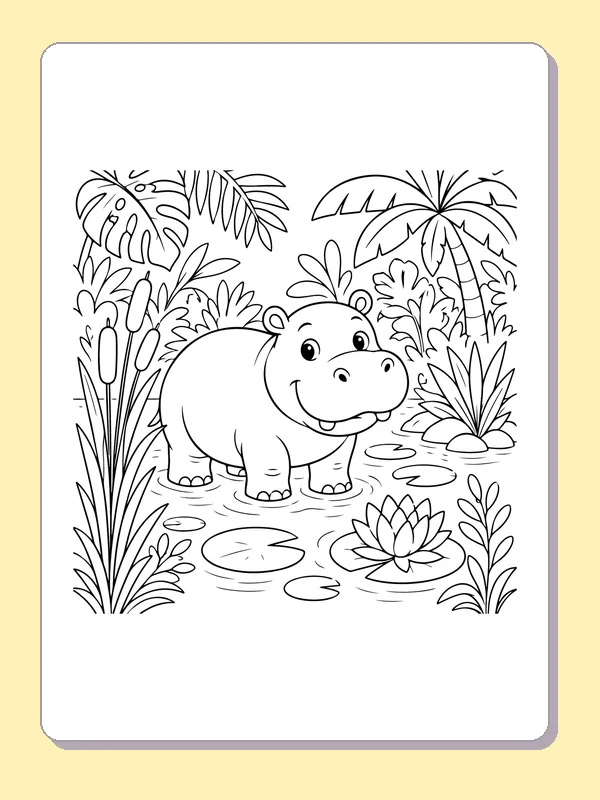 Black-and-white printable hippo beside a water lily pond coloring sheet