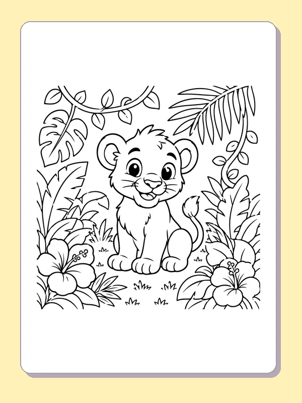 Black-and-white printable lion cub beside tropical flowers coloring sheet