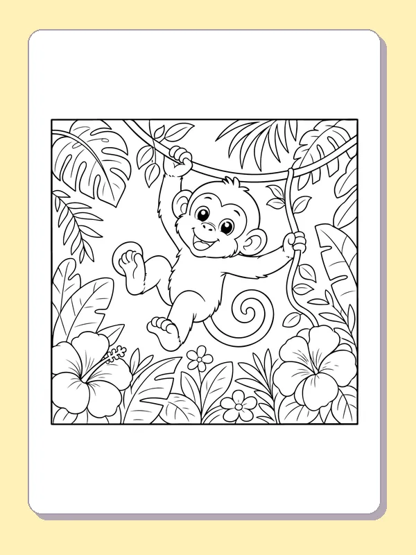 Black-and-white printable monkey swinging above hibiscus flowers coloring sheet