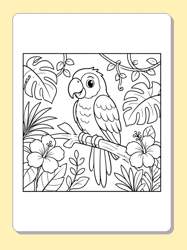 Black-and-white printable parrot on a flowered branch coloring sheet