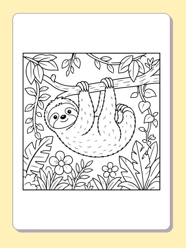 Black-and-white printable sloth hanging from a vine-covered branch coloring sheet