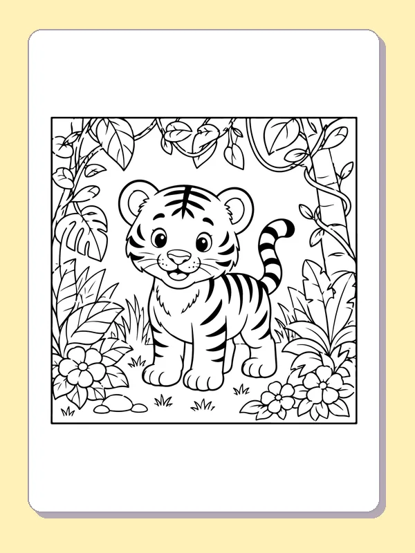 Black-and-white printable tiger cub among jungle leaves coloring sheet