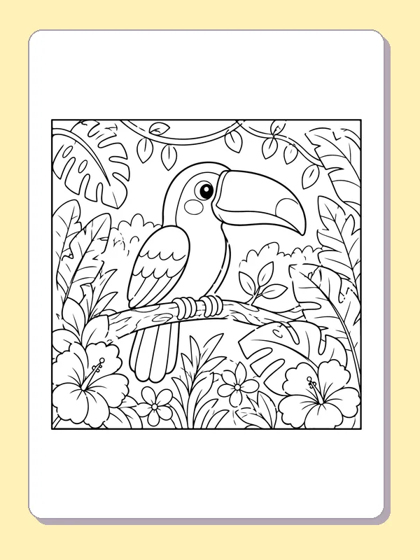 Black-and-white printable toucan above tropical blossoms coloring sheet