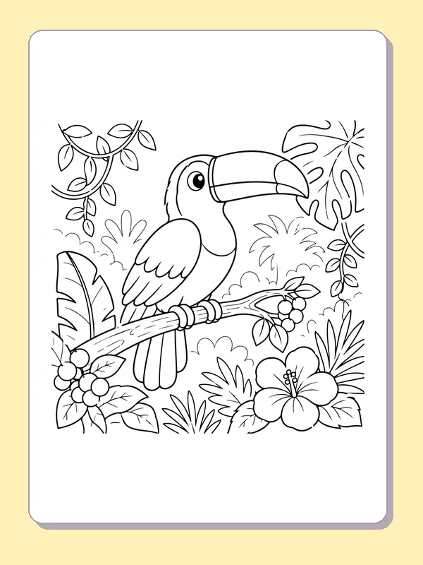 Black-and-white printable toucan beneath vines and leaves coloring sheet