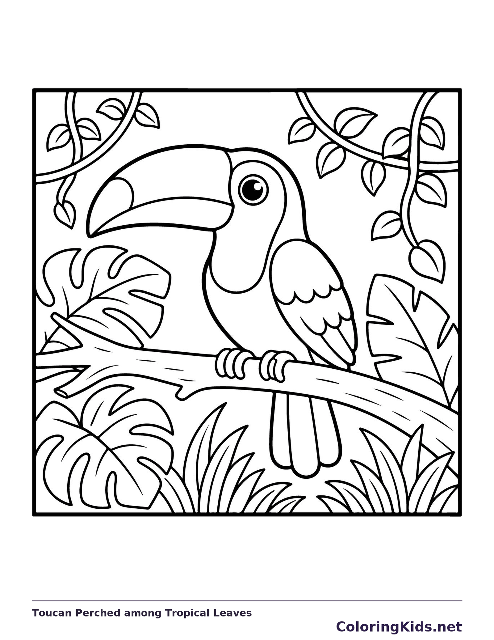 Black-and-white printable toucan perched among tropical leaves coloring sheet